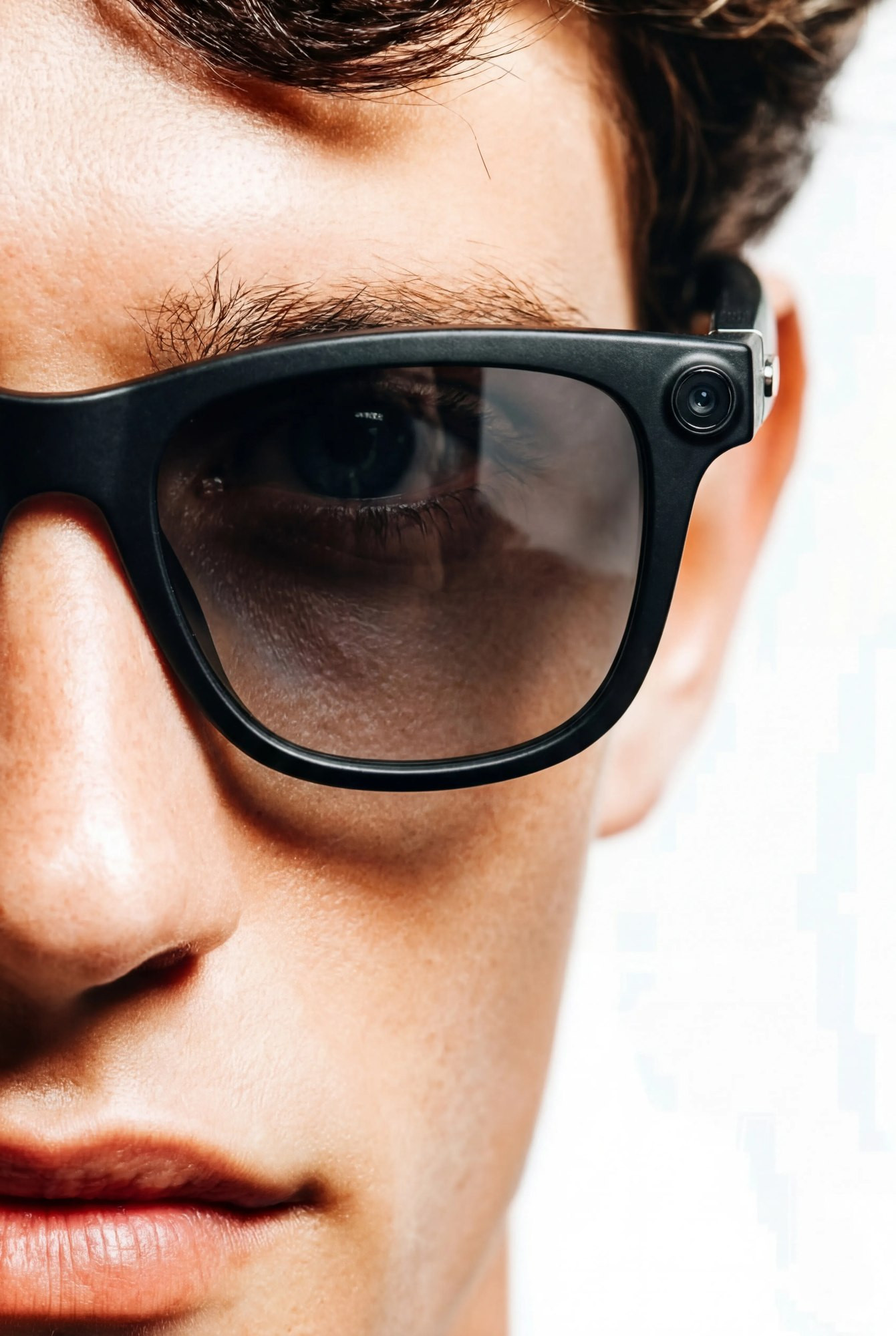 Lensmind™ — primer plano del ojo visible a través de la lente, ilustrando el asistente de IA siempre presente