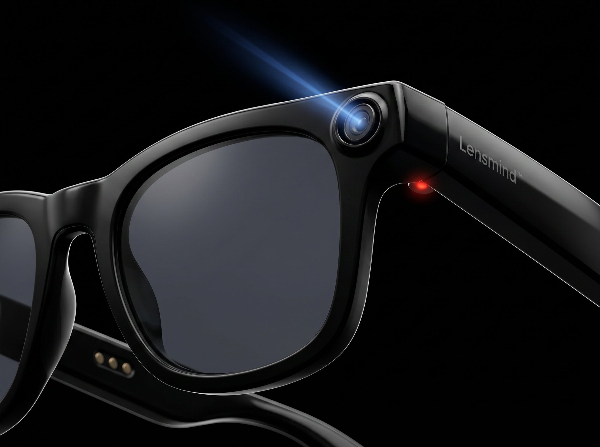 Primer plano de la cámara 1080p integrada en las gafas Lensmind con el LED rojo de grabación encendido, demostrando la transparencia visual hacia las personas alrededor