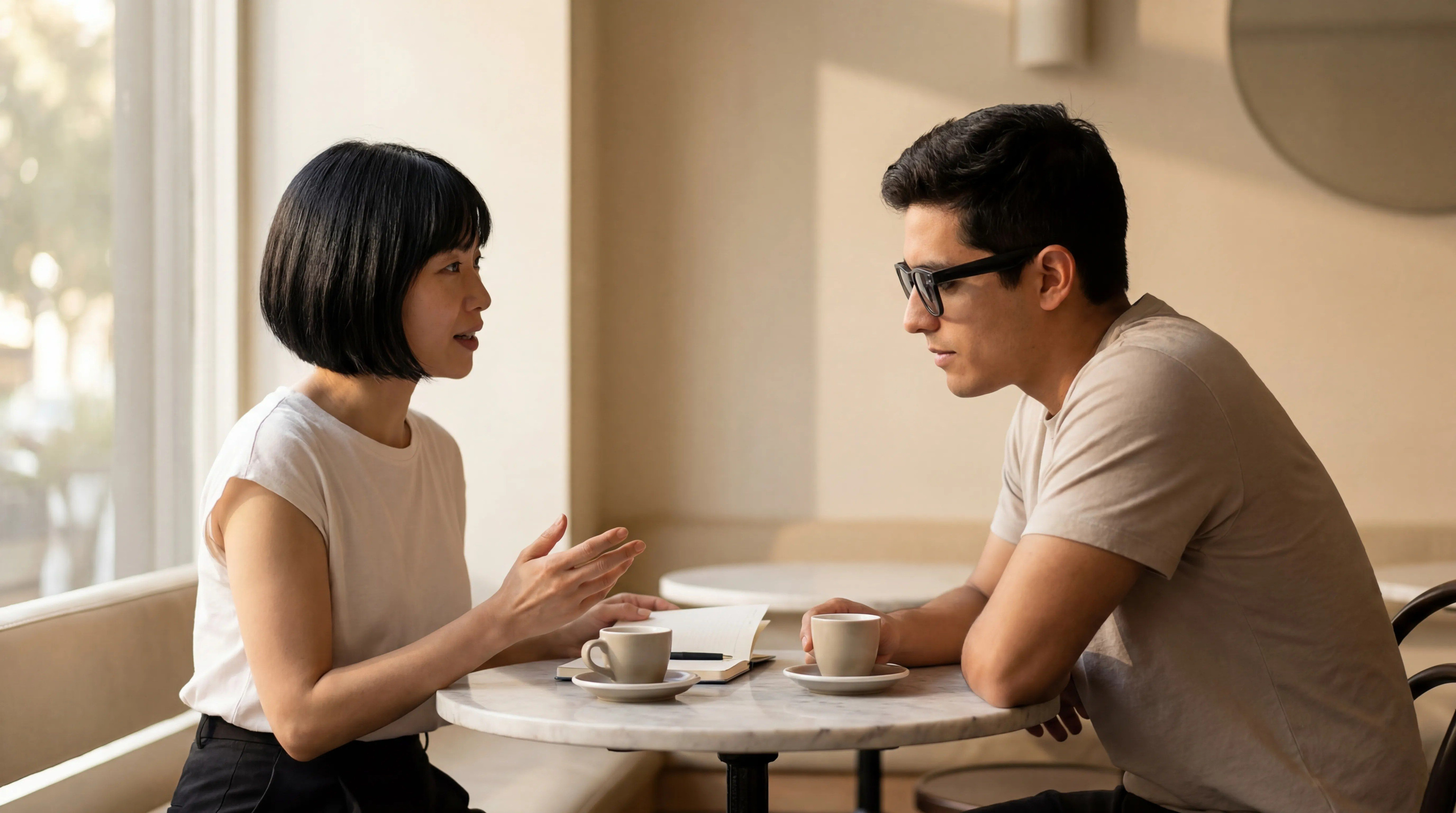 Lensmind™ — conversación fluida en café entre dos personas de idiomas distintos, traducida en tiempo real